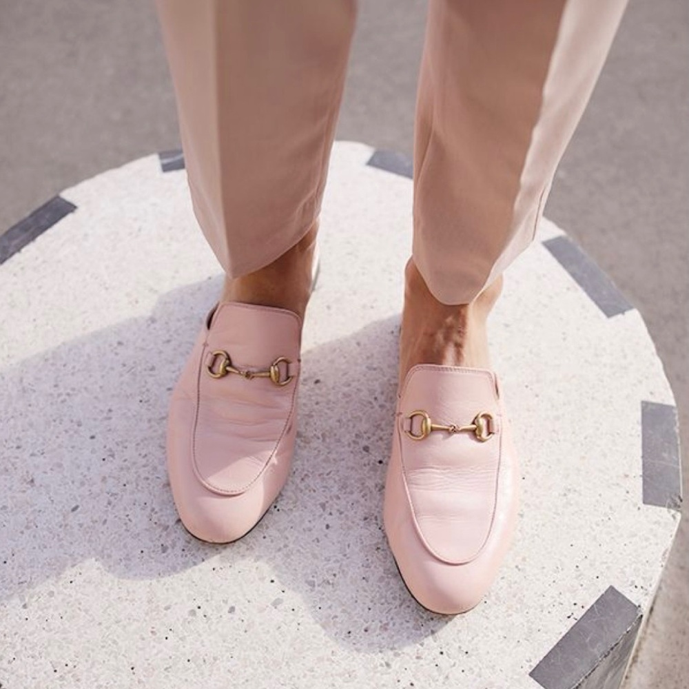GUCCI Rose Pink Gold Horsebit Buckle Slip On Leather Mules 37